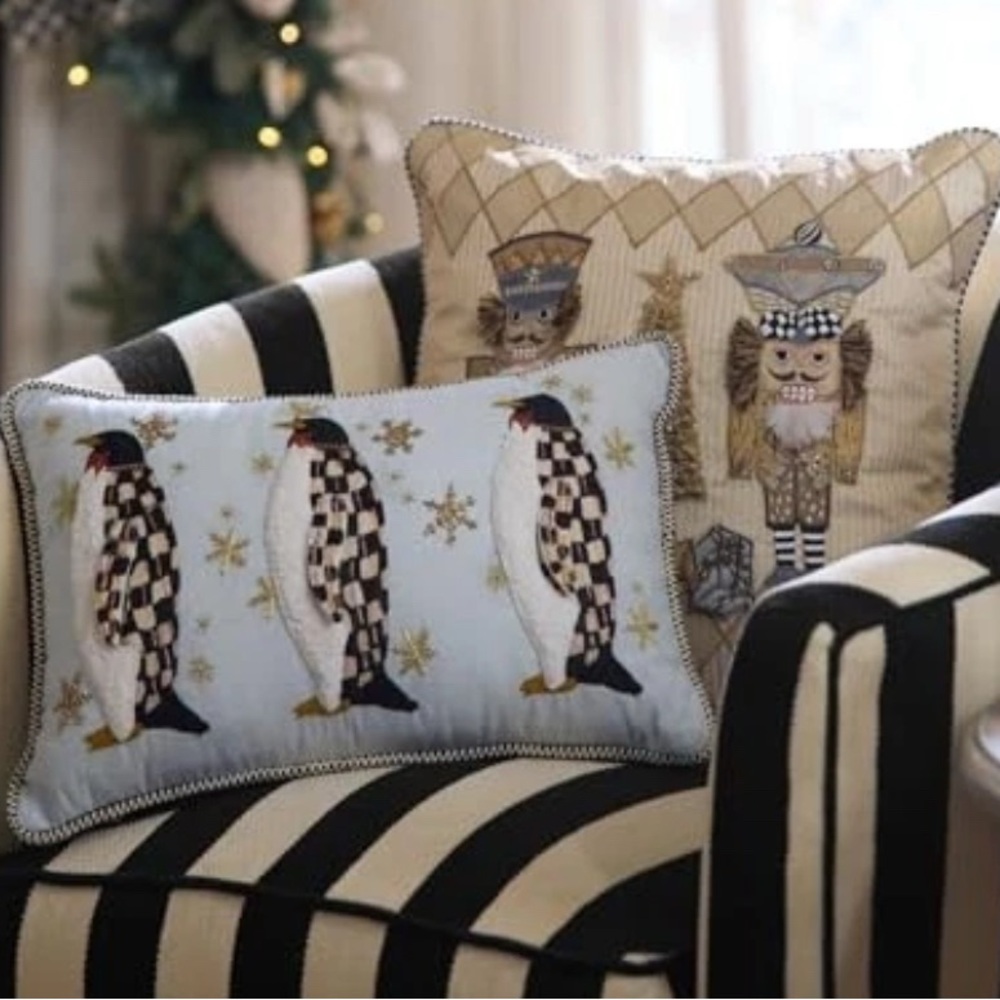 MacKenzie-Childs Festive Penguin and Nutcracker Pillows - Black, White, Gold